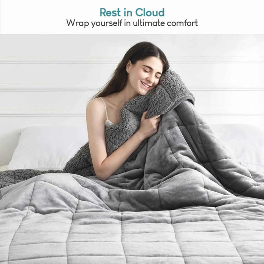 Woman wrapped in a gray weighted blanket with 'Rest in Cloud' text above her.