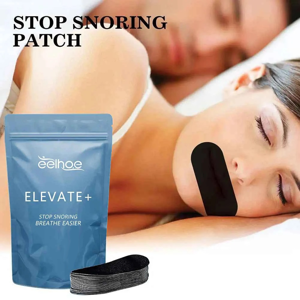 Snoring patch with packaging and a person wearing it, while sleeping with her husband. Promoting ease of breathing.