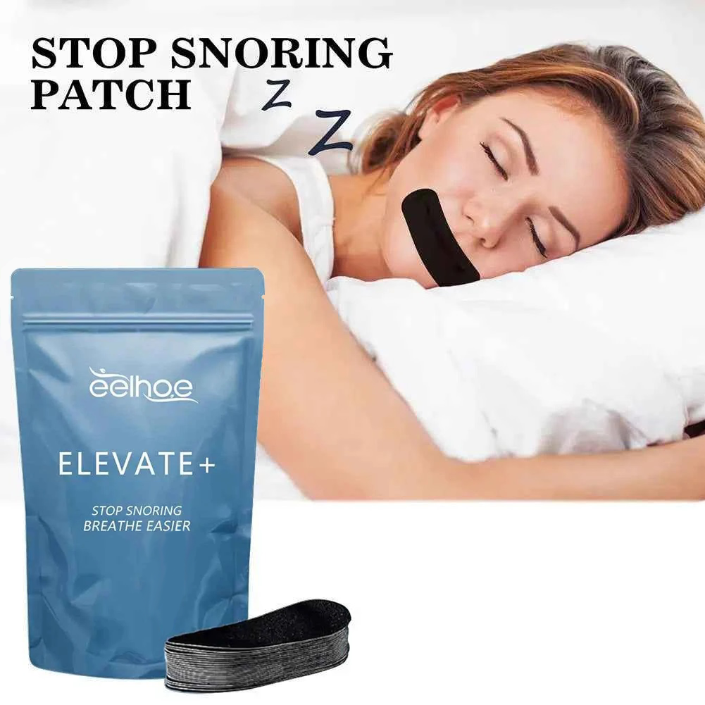 Stop snoring patch with a woman sleeping and wearing it.