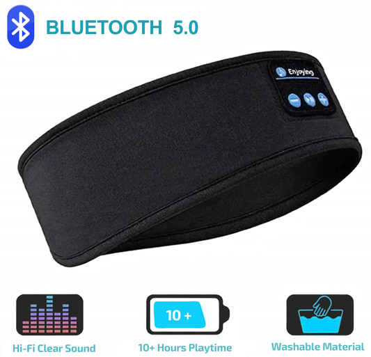 Black Bluetooth headband with wireless controls on a white background