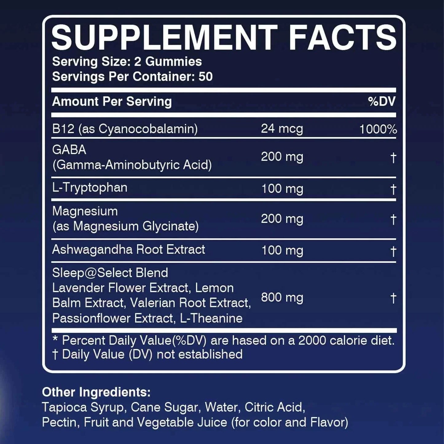 Melatonin Gummies nutrient fact label. Gives you all the information about the ingredients, and the amount of nutrients per serving.