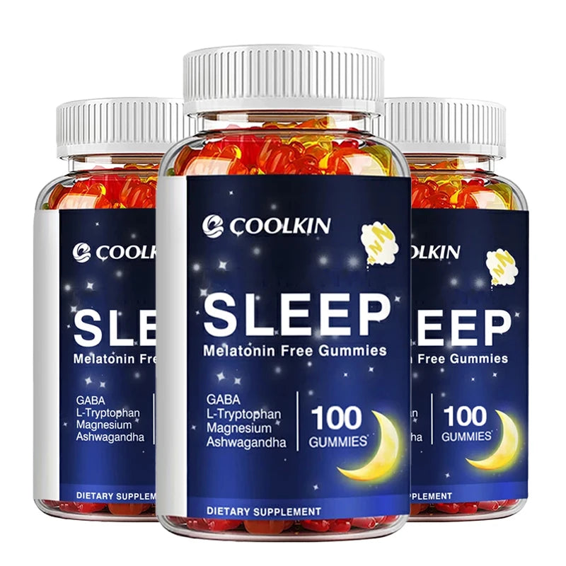 Three bottles of Coolkin Sleep gummies on a white background