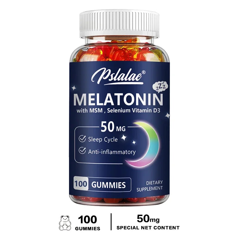 Bottle of Pstlalae Melatonin gummies with a blue label on a white background