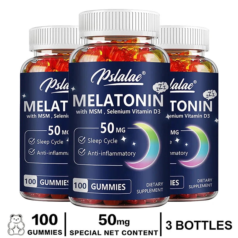 Three bottles of Pstlalae melatonin gummies on a white background