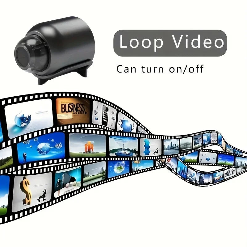 Black video loop player with a film strip displaying various scenes on a white background.