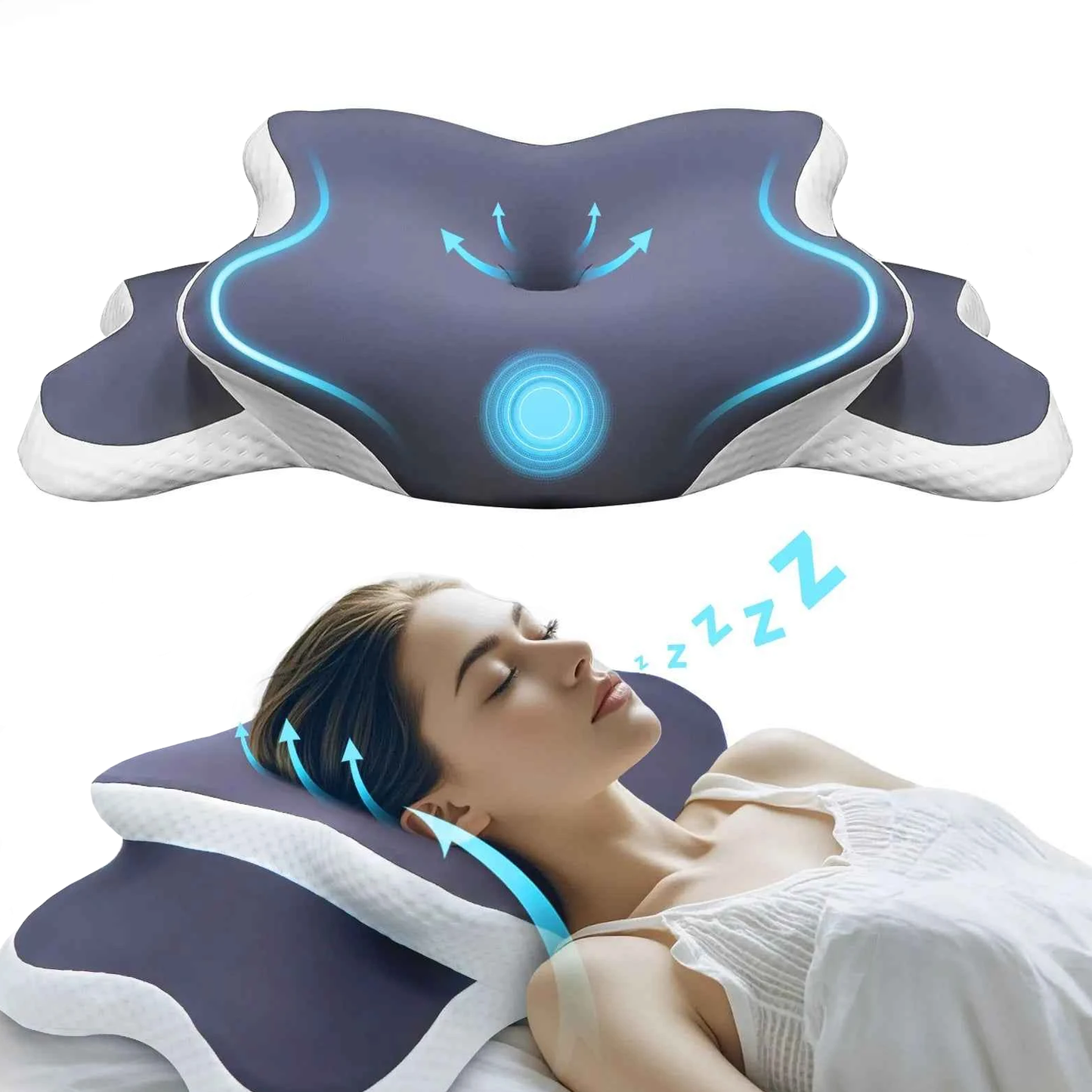 Neck pillow with blue light design and a person using it