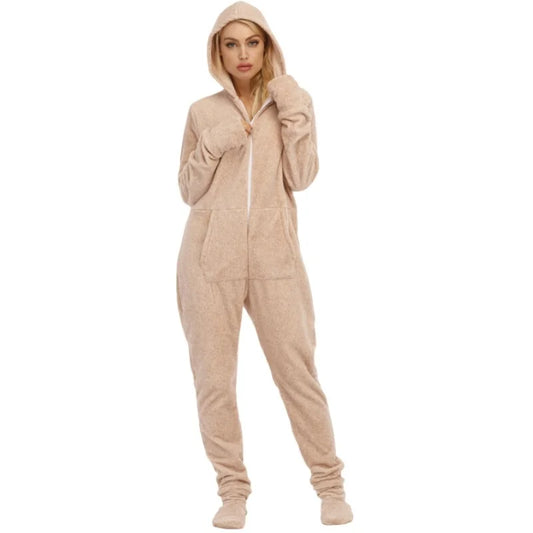 Beige onesie worn by a model on a white background