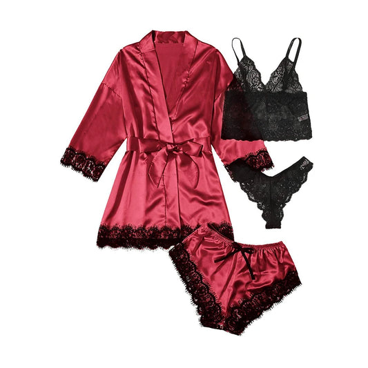 Red satin robe with black lace trim, black lace bra, and black lace panties on a white background