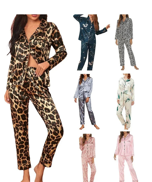 Collage of various pajama sets with a person wearing leopard print pajamas.