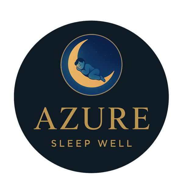 Logo of Azure with a sleeping child on a crescent moon against a dark blue background. Along with the official catch phrase for the store, "sleep well."