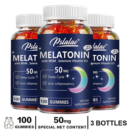 Three bottles of Pstlalae melatonin gummies on a white background