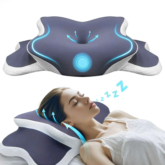 Neck pillow with blue light design and a person using it