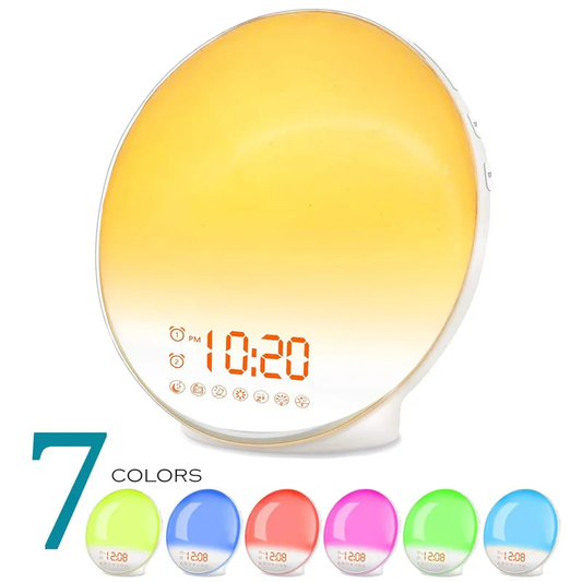 Round clock with gradient yellow to white design, digital display, and color-changing feature on a white background.