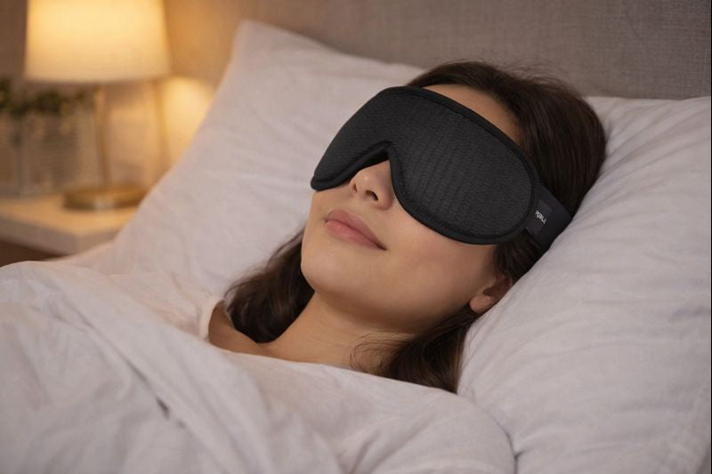 Person wearing a black sleep mask in bed with soft lighting