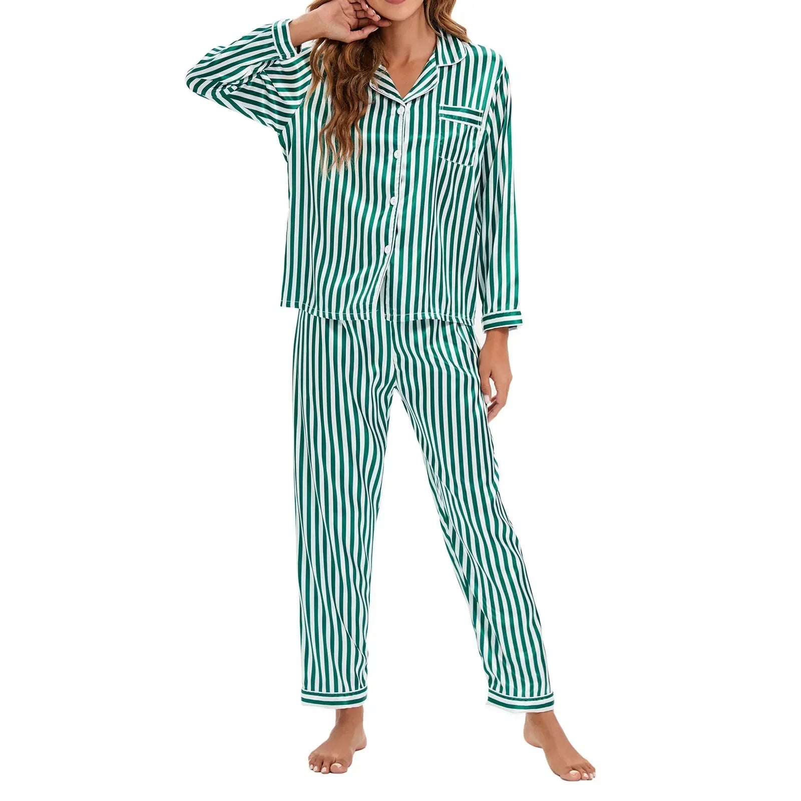 Green and white striped pajama set worn by a model on a white background
