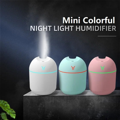 Three colorful night light humidifiers on a dark background with text 'Mini Colorful NIGHT LIGHT HUMIDIFIER'.